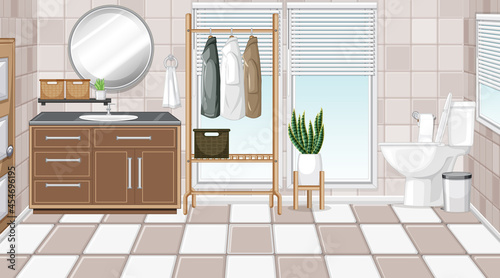 Bathroom interior with furniture in beige and white theme