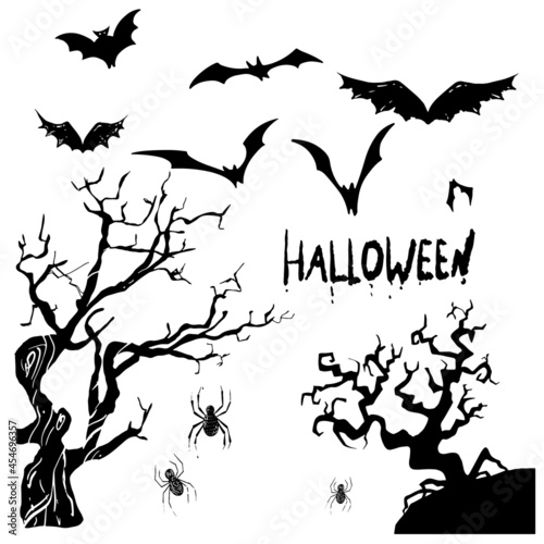 Set with trees, bats and spiders on a white background. Vector set for Halloween party invitations. Set of Halloween social media templates.Colorful banners with Halloween illustrations for instagram.