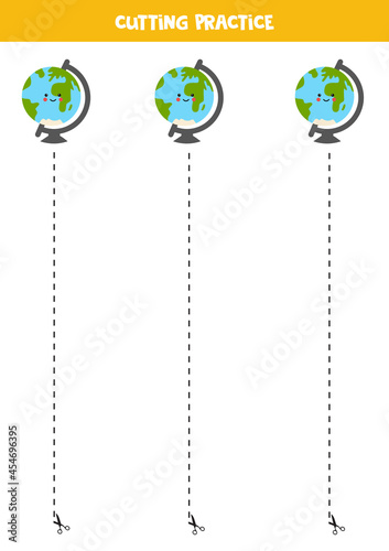Cutting practice for children with cute kawaii globe.