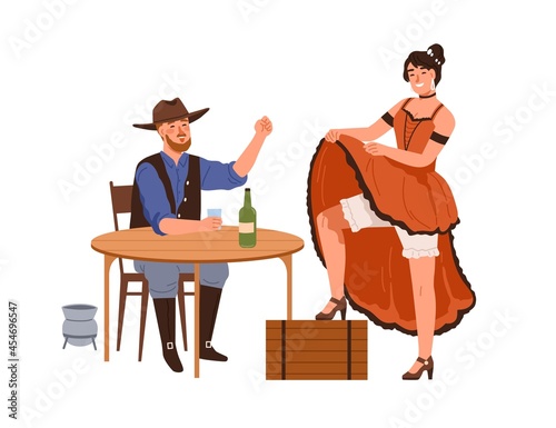 Western woman dancer in dress dancing for happy drunk cowboy in bar. Man in hat drinking alcohol at tavern table. Wild West people in pub. Flat vector illustration isolated on white background