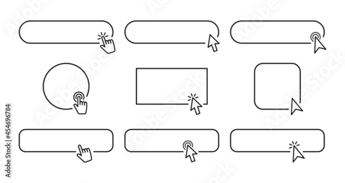 Click Buttons set. Click here web buttons template. Set of action buttons with cursor and hand pointer. Pointer click. Vector illustration.