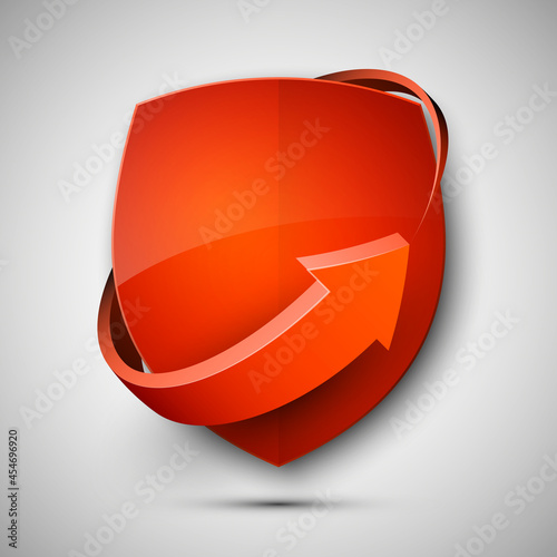 Protect guard shield arrow concept. Safety badge arrow icon. Privacy update banner shield. Security renovation label. Defense tag. Presentation renovation sticker shape. Defense safeguard shield sign