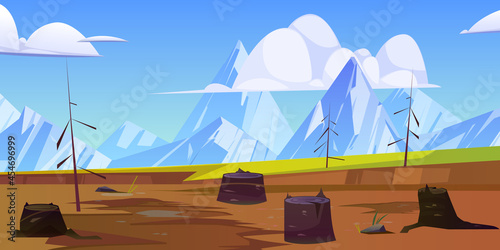 Deforestation, nature disaster, chopping forest concept. Tree stumps and bare trunks on deserted area with mountains view. Save nature, environment protection, Earth day, cartoon vector illustration