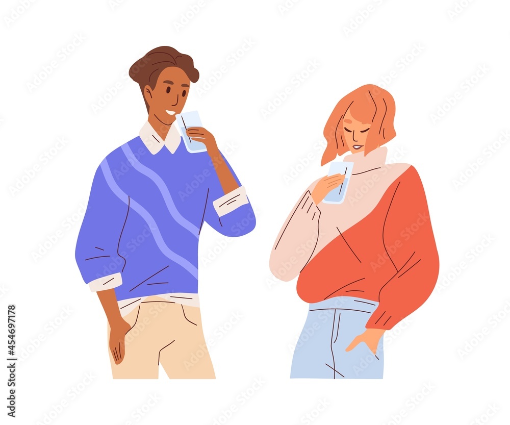 Thirsty people drinking clean fresh water. Couple of modern man and woman with glasses of pure aqua liquid, quenching thirst. Healthy habit. Flat vector illustration isolated on white background Thirsty people drinking clean fresh water. Couple of modern man and woman with glasses of pure aqua liquid, quenching thirst. Healthy habit. Flat vector illustration isolated on white background