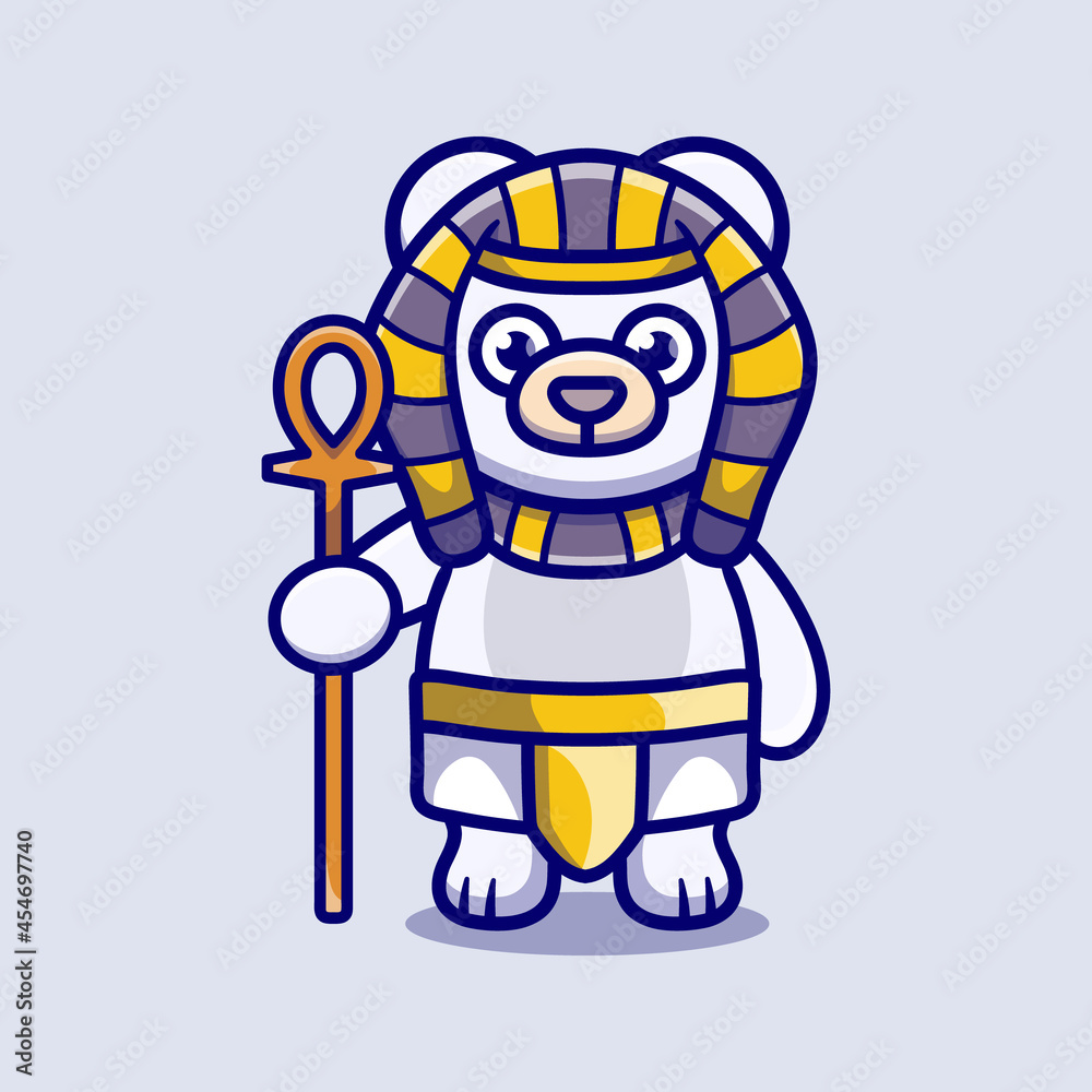 cute polar bear pharaoh carrying a stick