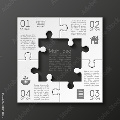 Four sided 3d puzzle presentation. Abstract puzzle infographic template with explanatory text field for business statistics. Vector four pieces puzzles illustration