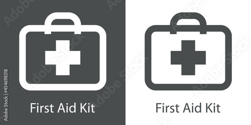 Logo con texto First Aid Kit con silueta de maletín con cruz con lineas en fondo gris y fondo blanco