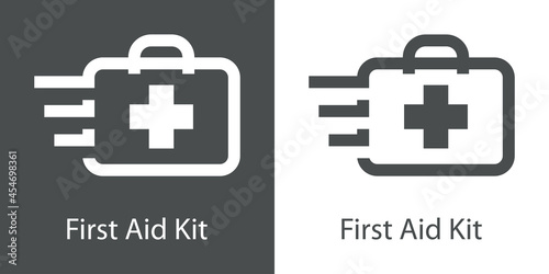 Obraz na plátne Logo con texto First Aid Kit con silueta de maletín con cruz con lineas de veloc