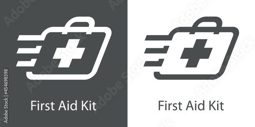 Logo con texto First Aid Kit con silueta de maletín con cruz con lineas de velocidad en fondo gris y fondo blanco