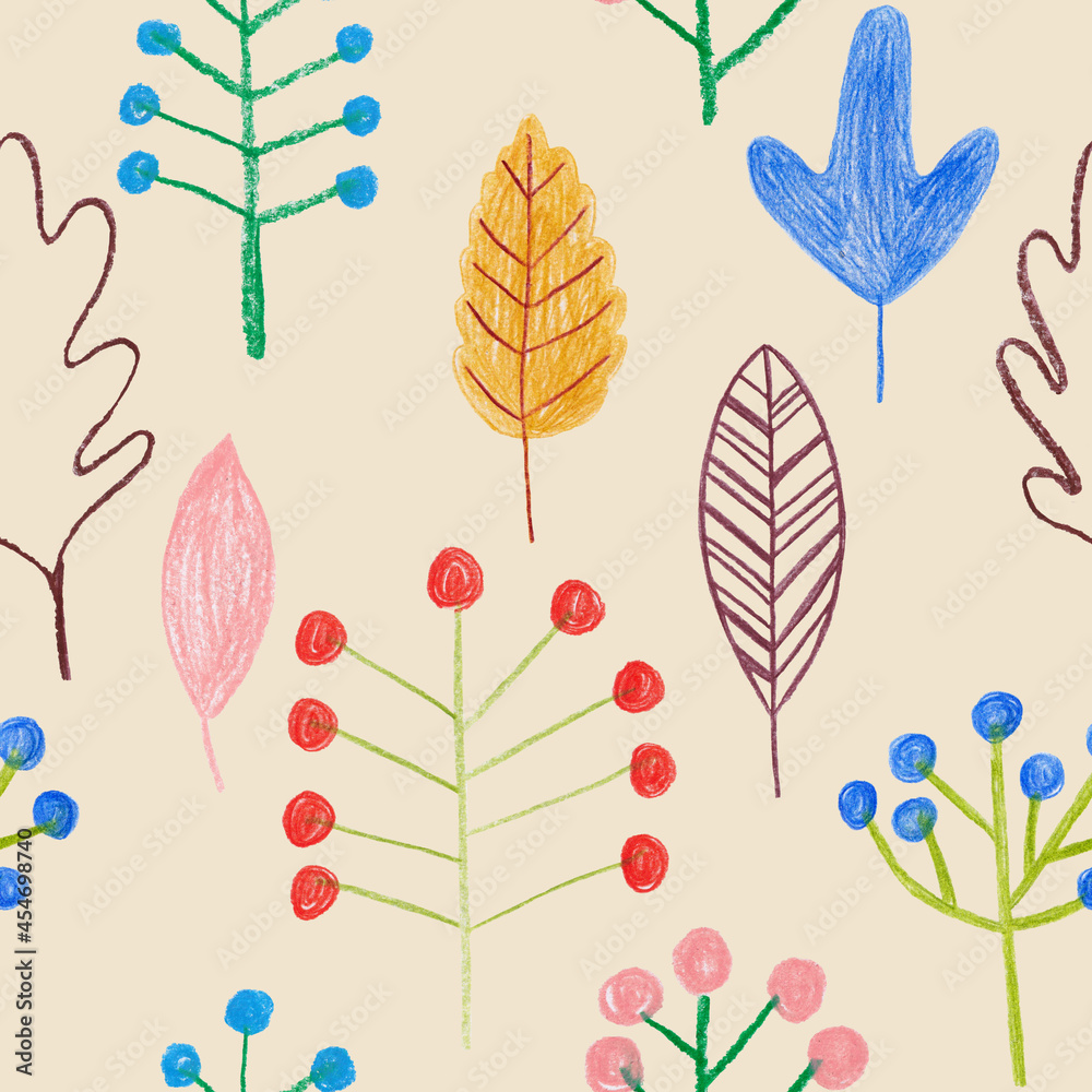 Pencil drawn seamless pattern with leaves.
