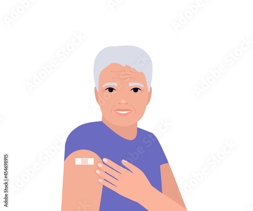 Senior man after vaccination show hand with patch. Protection hand with bandage after receiving inoculation. Concept vaccine coronavirus. Vector illustration
