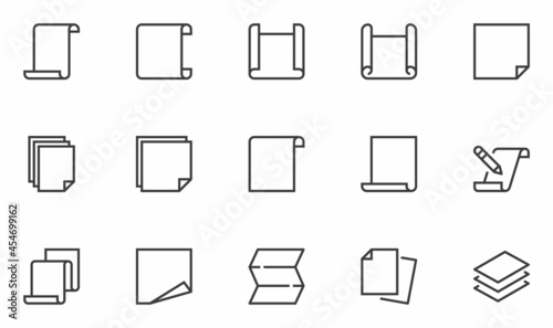 Set of Vector Line Icons Related to Paper. Document, Manuscript, Scroll, Brochure. Editable Stroke. 48x48 Pixel Perfect.