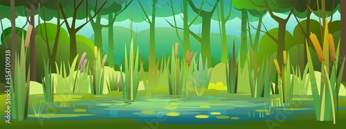 Shady Summer forest landscape. Swampy coast with cattails and reed. Flat style. Quiet river or lake. Wild overgrown pond on background of trees and bushes. Illustration vector