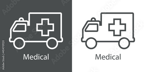 Primeros auxilios. Logo con texto Medical con silueta de ambulancia con lineas en fondo gris y fondo blanco