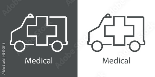 Primeros auxilios. Logo con texto Medical con silueta de ambulancia con lineas en fondo gris y fondo blanco