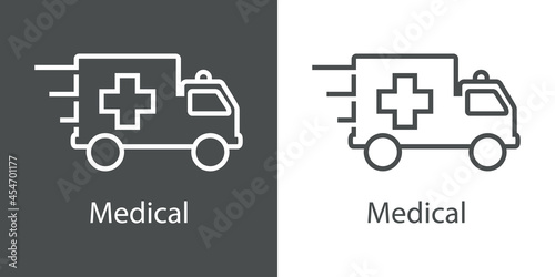 Primeros auxilios. Logo con texto Medical con silueta de ambulancia con lineas de velocidad en fondo gris y fondo blanco