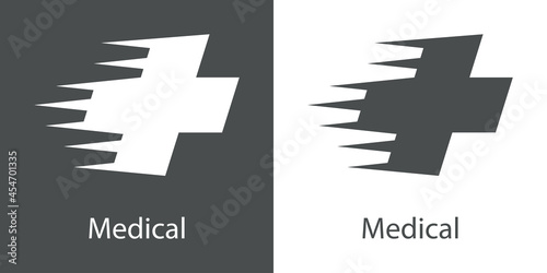 Logotipo con texto Medical con silueta de cruz con lineas de velocidad en fondo gris y fondo blanco