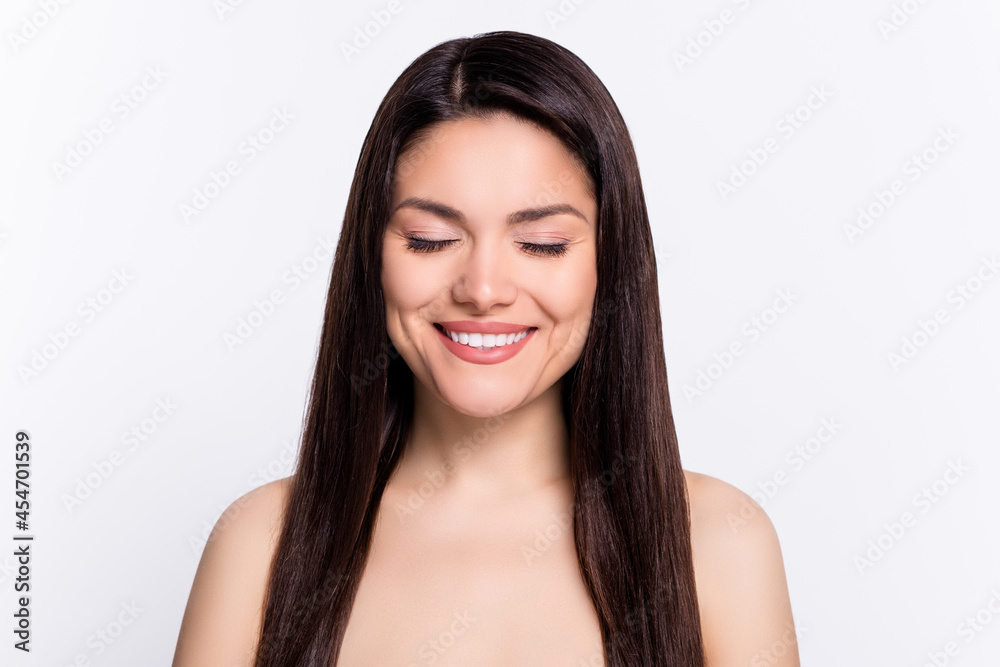 Portrait of attractive cheery woman closed eyes modern facial mask enhancement isolated over white color background Portrait of attractive cheery woman closed eyes modern facial mask enhancement isolated over white color background