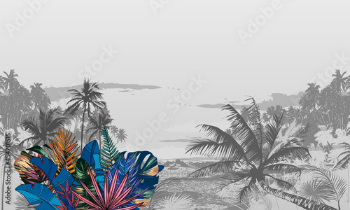 Multicolored Tropical leaves on gray monochrome foggy background. Seamless botanical pattern border, frame with coconut palm trees with aerial perspective
