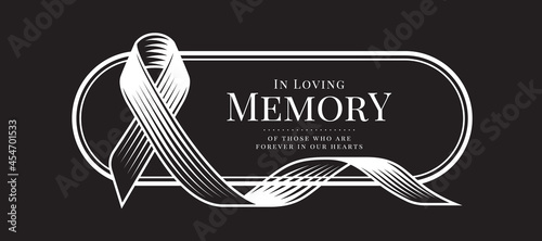 In loving memory of those who are forever in our hearts text in oval border frame with abstract line drawing ribbon sign roll around on black background vector design