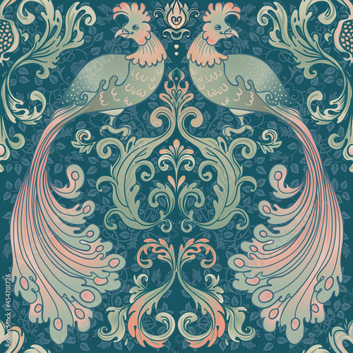 Floral vintage seamless pattern wit birds for retro wallpapers. Enchanted Vintage Flowers. Arts and Crafts movement inspired. Design for wrapping paper, wallpaper, fabrics and fashion clothes.