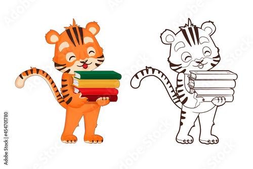 Coloring book: tiger cub holds a book in his hand. Vector, illustration in cartoon style, black and white lineart