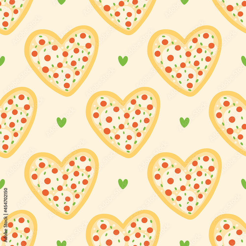 Fototapeta premium Heart-shaped pizza with mozzarella cheese, sausages or pepperoni vector cartoon style seamless pattern background.