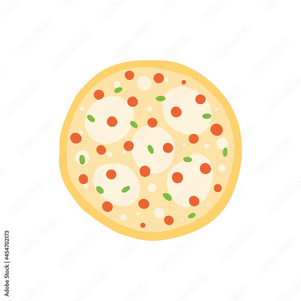 Whole round pizza with mozzarella cheese, sausages or pepperoni vector cartoon style icon, illustration. Whole round pizza with mozzarella cheese, sausages or pepperoni vector cartoon style icon, illustration.