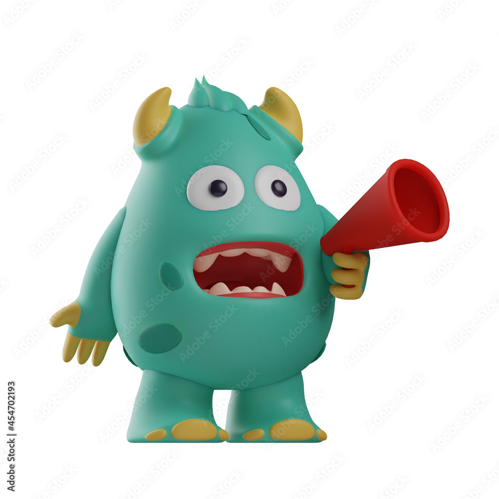 3D Cute Monster Cartoon Illustration holding a speaker 3D Cute Monster Cartoon Illustration holding a speaker