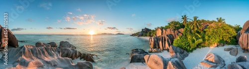 Sunset panorama at Anse Source d'Argent beach, La Digue, Seychelles