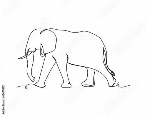 Continuous one line drawing of an african elephant walking in silhouette on a white background. Linear stylized.