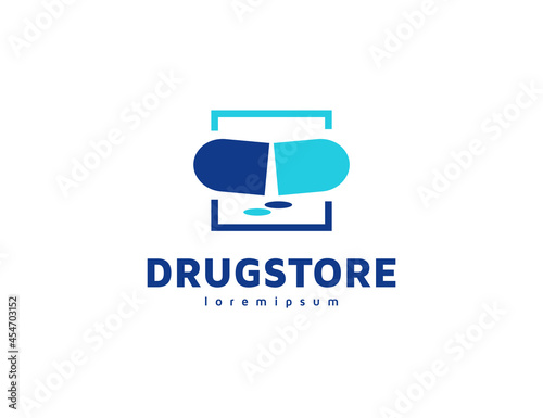 Drug store or medicine logo with capsule and pill illustration