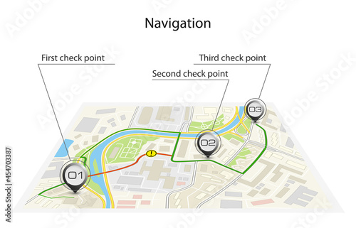 Isometric city map business infographic navigation, 3d flat isometry point markers schema, 3D simple city plan GPS navigation final destination arrow paper city map. Route delivery check point graphic