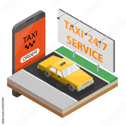 Yellow cab taxi 24/7 service isometric billboard banner. Online navigation application order classic taxi service. Isometry 3D app car on road. Vehicle itinerary route banner. Get a taxi cab online