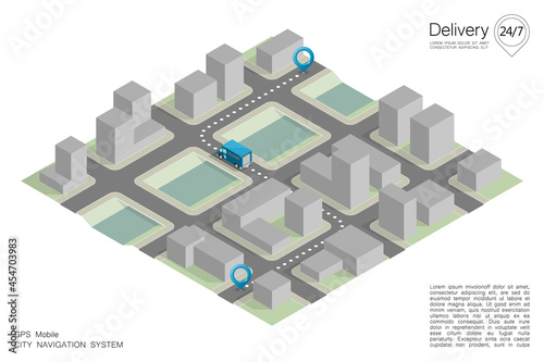 Isometric city map navigation, point markers background, app isometry drawing schema, 3D simple city plan GPS navigation, final destination arrow paper city map. Route delivery check point graphic