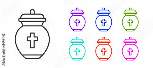 Black line Funeral urn icon isolated on white background. Cremation and burial containers, columbarium vases, jars and pots with ashes. Set icons colorful. Vector