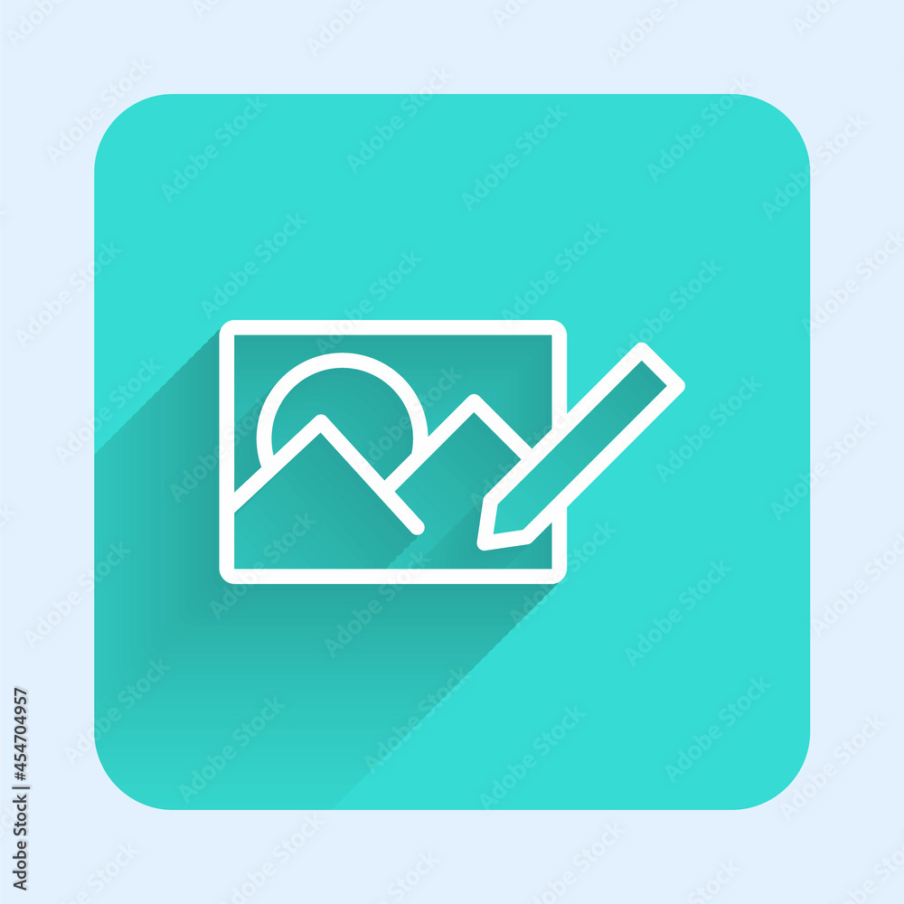White line Photo retouching icon isolated with long shadow. Photographer, photography, retouch icon. Green square button. Vector White line Photo retouching icon isolated with long shadow. Photographer, photography, retouch icon. Green square button. Vector
