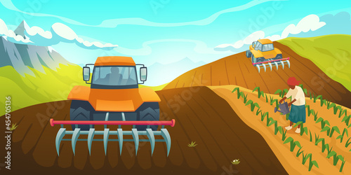 Tractor plowing farm field on rural mountain landscape with worker care and watering plants. Traditional agriculture, countryside or village life, organic production grow, Cartoon vector illustration