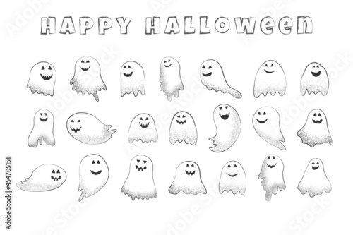 silhouettes of halloween ghost with scary and funny smiling face, cartoon vector illustration