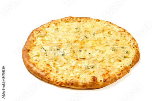 4 cheese pizza with white sauce and crispy sides, isolated on white background