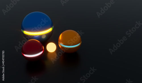 Glowing 3D spheres of different colors lying on a reflective floor. 3d background. 3d rendering