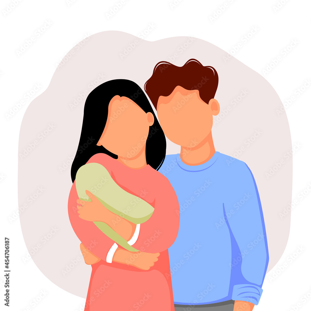 Happy married couple, family holding newborn baby. Vector illustration in flat style. 