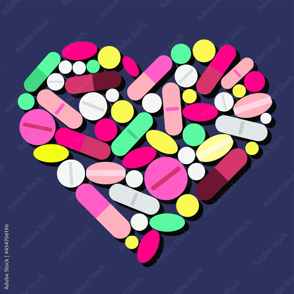 vector illustration of a heart laid out from medical pills isolated on a purple background. useful for print, illustration for medical articles about cardiology and heart health, Valentine's Day cards vector illustration of a heart laid out from medical pills isolated on a purple background. useful for print, illustration for medical articles about cardiology and heart health, Valentine's Day cards