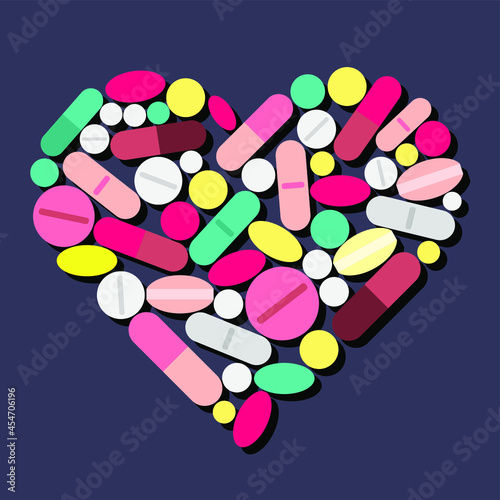 vector illustration of a heart laid out from medical pills isolated on a purple background. useful for print, illustration for medical articles about cardiology and heart health, Valentine's Day cards