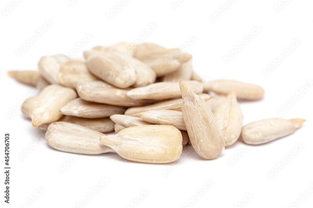 Micro close-up and details of Organic Indian sunflower seed (Helianthus annuus)  isolated over white background.
