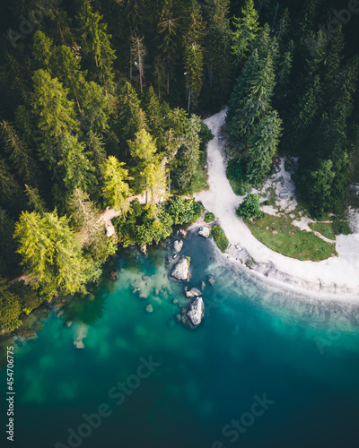 Fototapeta Naklejka Na Ścianę i Meble -  Aerial shot of Lago di Braies (Pragser Wildsee lake), Dolomites, Italy