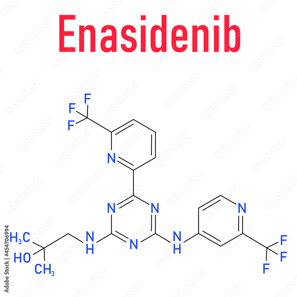 Fototapeta premium Enasidenib cancer drug molecule (IDH2 inhibitor). Skeletal formula.