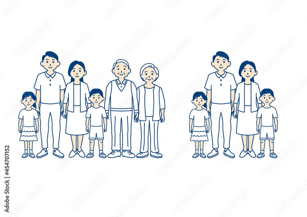 家族の全身線画イラスト