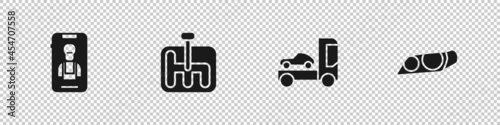 Set Online car services, Gear shifter, Car transporter truck and headlight icon. Vector