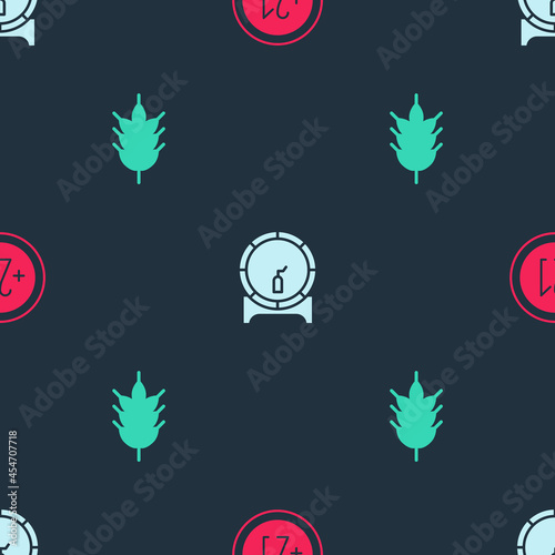 Set Alcohol 21 plus, Wooden barrel on rack and Hop on seamless pattern. Vector